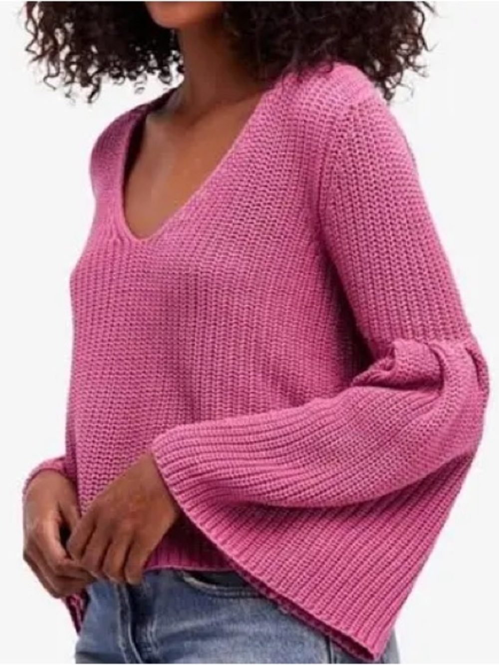 Free People ~Damsel Cozy V-Neck Oversized Sweater - Dusty Rose Bell Sleeves
